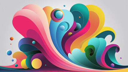 Colorful abstract design featuring swirling shapes and spheres in shades of pink, blue, yellow, and green.