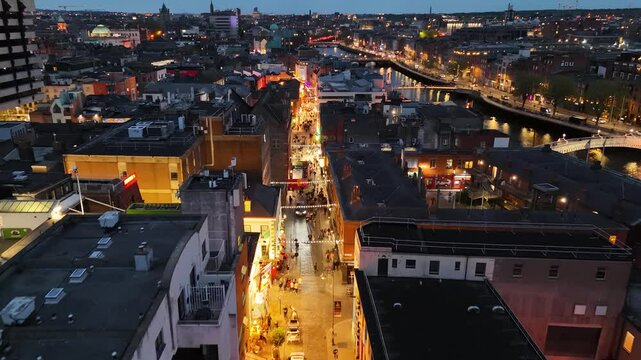 Aerial shot of Temple Bar area in Dublin, Ireland