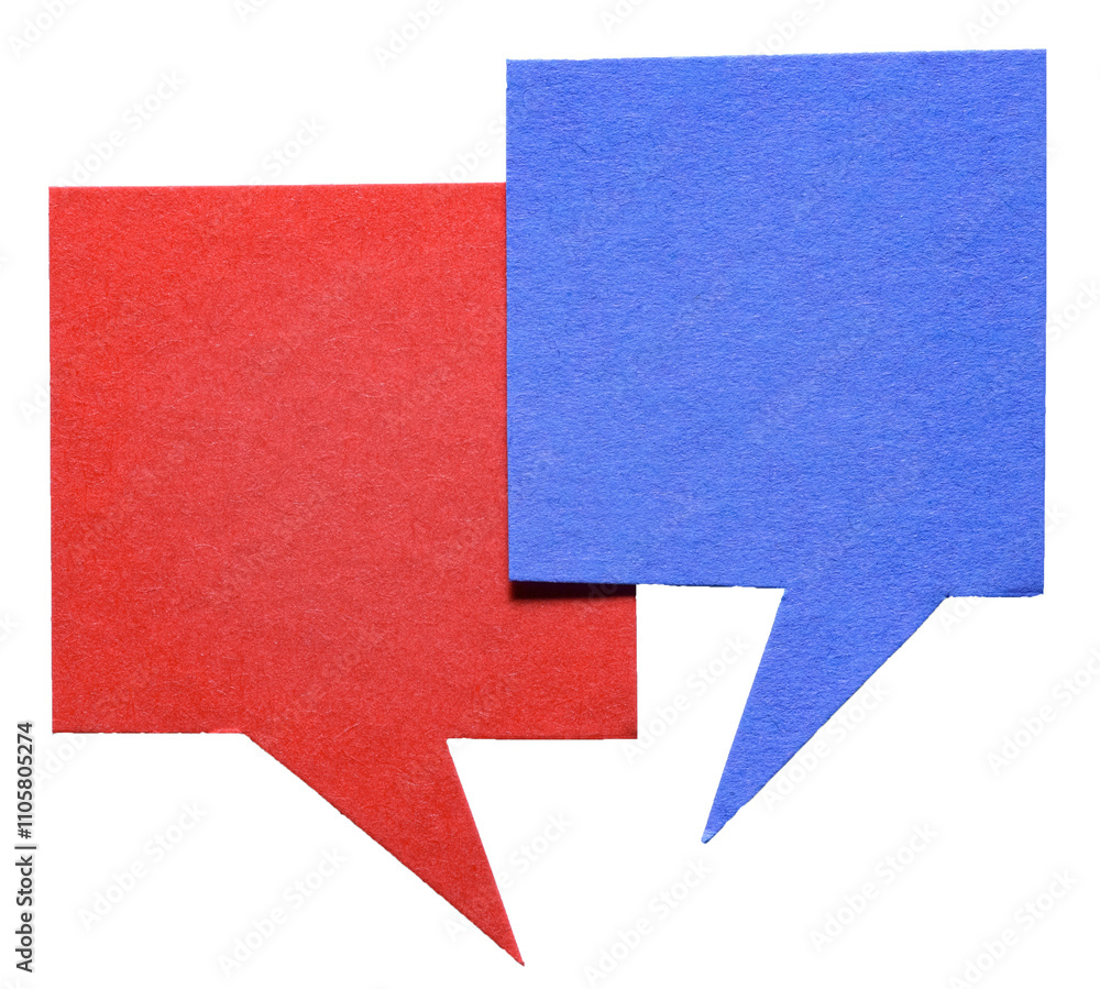 Poster red blue blank cut out cardboard paper speech bubbles with rough edges and copy space for text on tr