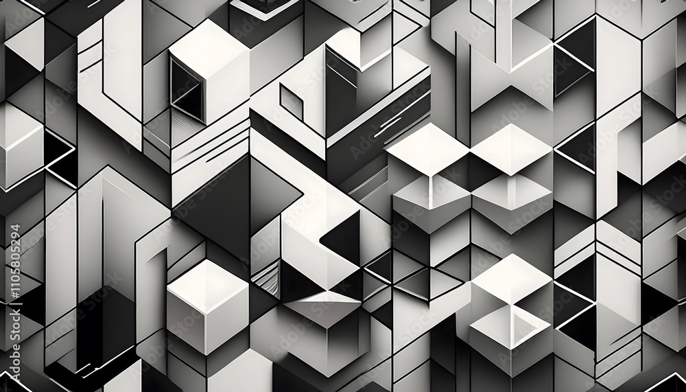 Poster abstract geometric pattern featuring sharp angles and a dynamic arrangement of contrasting black and