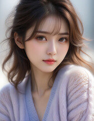 Beauty portrait of a beautiful young smiling woman in a fluffy knitted cardigan. Beautiful bare face, winter image.ふわふわのニットカーディガンを着た美しい若い笑顔の女性の美容ポートレート。美しい素顔、冬のイメージ。