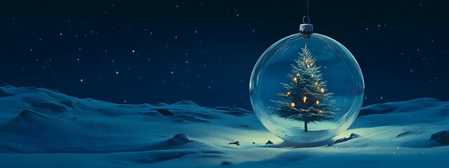 Naklejka premium A Christmas tree inside an ornament ball is floating on the snow