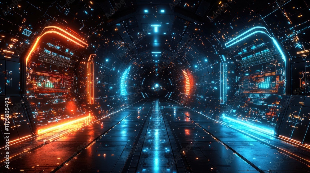 Poster futuristic technology neon light background, empty space with reflection light on floor scene, inter