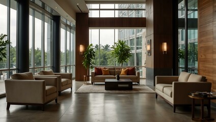 Comfortable chairs in hotel lobby with glass walls.