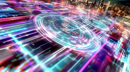 Vibrant Neon Blur Motion Abstract Background with Pulsing Lights and Flowing Patterns