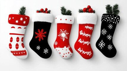 Design black silhouette illustrations of cute Christmas Stocking in various activities ,with bold lines and simple design, placed on a white background 