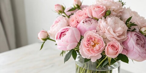 Fototapeta premium Close-up of soft pink peonies and roses in a vase with a minimalist background, petals, macro photography, flowers, arrangement, floral details