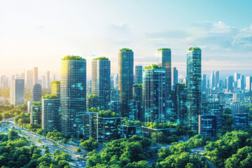 Fototapeta premium Modern, futuristic city, depicted as a smart city, in isometrical style. Buildings with sustainable technologies