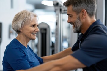Obraz premium An elderly couple enjoys a joyful workout together at the gym, emphasizing companionship, health, and the importance of staying active during retirement in a vibrant setting.