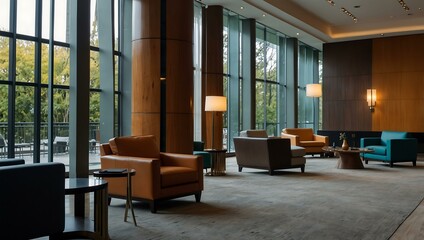 Fototapeta premium Comfortable chairs in hotel lobby with glass walls.