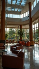 Fototapeta premium Comfortable hotel lobby with large glass windows.