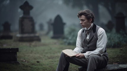 Fototapeta premium a young man sitting in a gloomy, fog-shrouded cemetery. 