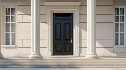 A full body sleek black door framed by elegant, tall columns in a modern architectural setting