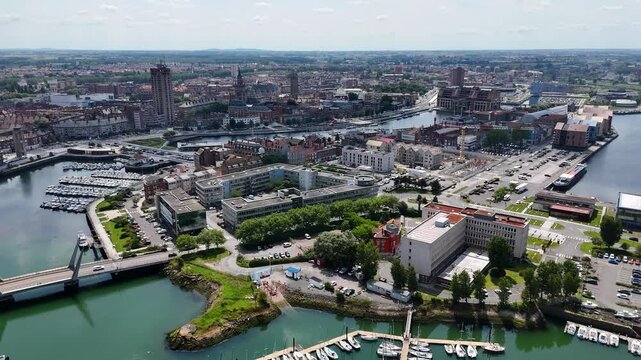 Aerial footage of Dunkirk (Dunkerque) city, France