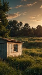 Obraz premium Comic-style shed in a secluded rural area with overgrown grass.