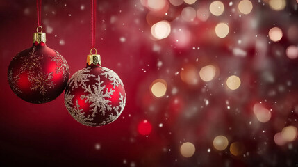 Fototapeta premium Festive Red Christmas Background with Hanging Ornaments and Snowflakes, Bokeh Lights, Copy Space. Perfect for Holiday Greetings, Winter Wonderland Themes, and Seasonal Designs.