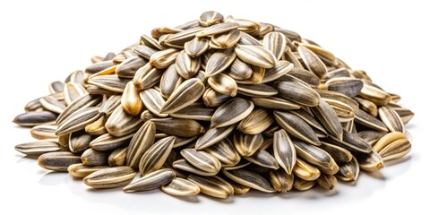 Heap of Unpeeled Sunflower Seeds on White Background - Natural Snack Food, Healthy Eating, Organic Ingredients, Nutritional Benefits, Plant-Based Diet, Vegan, Culinary Uses, Food Photography, 