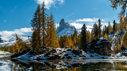 Winter’s Embrace: Dito di Dio Peaks Towering Over Snowy Dolomites