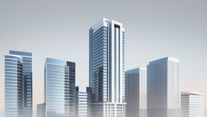 Collection of tall office building realistic image on white or transparent background