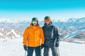 Skiers in winter gear with breathtaking mountain view.
