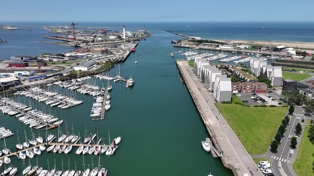 Drone flight towards the sea in Dunkirk (Dunkerque), France