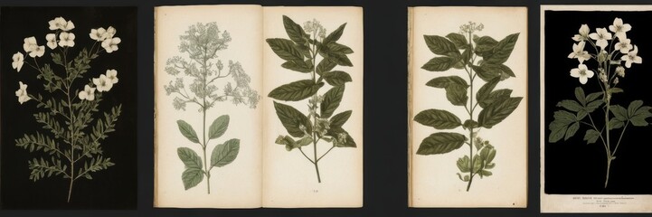 a series of botanical illustrations, likely from a book or collection. There are four separate illustrations displayed side by side. Each illustration features a different plant