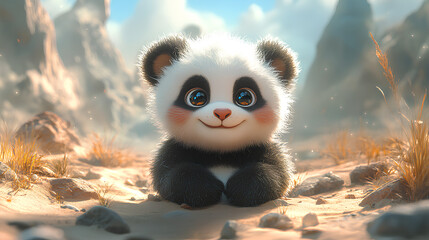 Fototapeta premium A cute, cartoon-style panda sitting in a serene landscape with soft lighting.