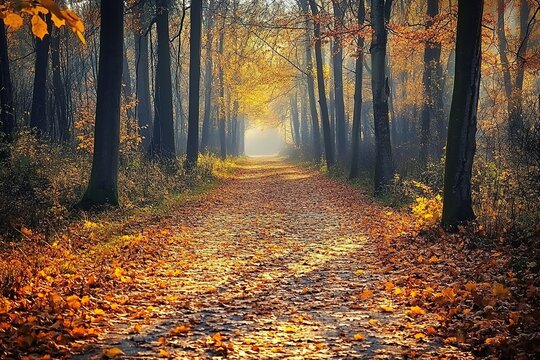 Golden autumn path in sunlit forest