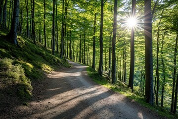 Obraz premium Sunlight piercing through green forest on serene path