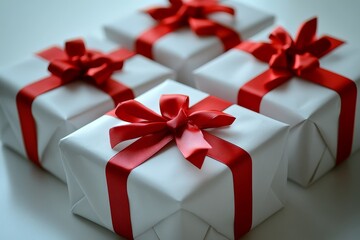 Obraz premium Close-up of many Christmas wrapped gifts with red ribbons on a white table, colorful gift boxes in high resolution.