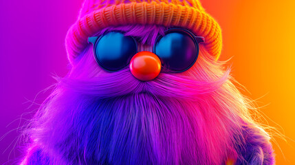 Fototapeta premium A vibrant, fuzzy creature sporting sunglasses and a beanie, surrounded by a gradient of bright colors. This playful character adds a fun and energetic vibe to any artwork.