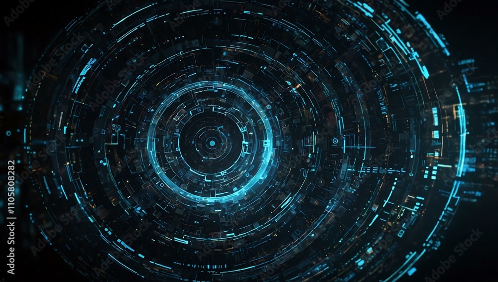 Poster complex vortex of digital signals symbolizing the flow of information in a futuristic environment.