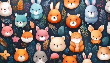 Cute woodland animals surrounded by floral patterns and nature elements in a playful children's illustration