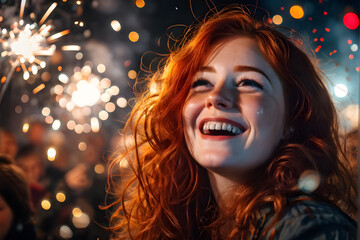 Woman enjoying magical festive New Year’s Eve with fireworks