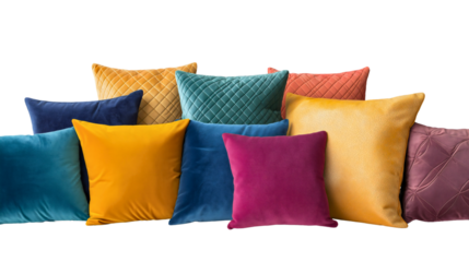 Isolated set of colorful decorative cushions and pillows in various patterns and textures, perfect for comfortable bedroom or home decor