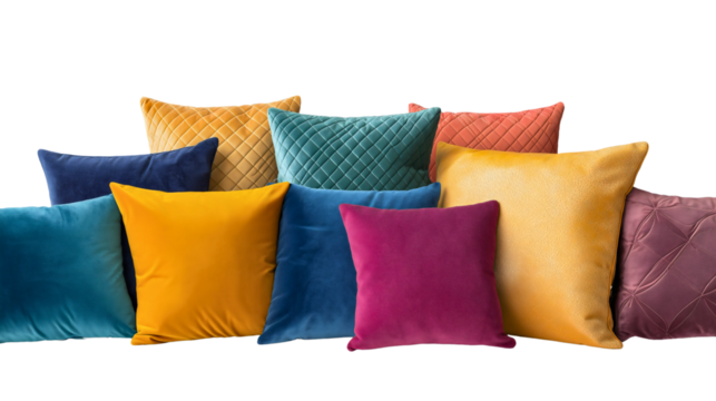 Isolated set of colorful decorative cushions and pillows in various patterns and textures, perfect for comfortable bedroom or home decor