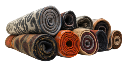 Rug design with isolated white textile fabric rolled up, offering soft and clean material for home flooring decoration, featuring cozy wool texture and modern decor for a warm domestic setting