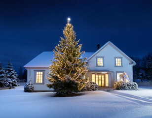 outside view of a small cute white house next to a largef christmas tree in chistmas eve.