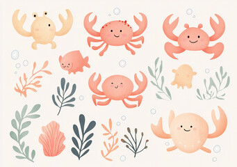 Cute sea creature stickers with simple shapes and patterns. Hand drawn crabs, water and plants