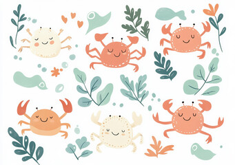 Cute sea creature stickers with simple shapes and patterns. Hand drawn crabs, water and plants