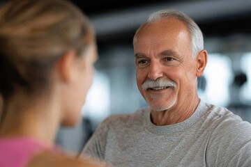 Fototapeta premium A senior man exudes joy and energy while engaging with his trainer during a workout, highlighting the importance of fitness and companionship at any age.