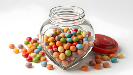 A heart-shaped jar filled with small colorful candies, isolated on white