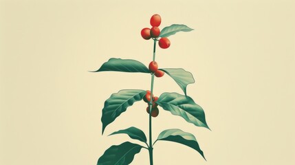 Coffee plant with ripe red berries and green leaves on a beige background.
