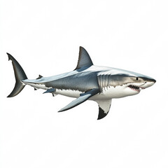 Fototapeta premium A scientific-style photograph of a great white shark in a lateral view, set against a pure white background. 
