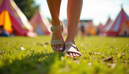 Close-up of feet in stylish sandals walking on grass at a vibrant outdoor festival