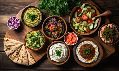 Selection of traditional greek food - salad, meze, pie, fish, tzatziki, dolma  