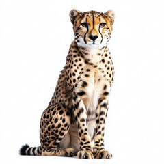 Cheetah looking straight ahead, sitting, looking powerful, white background 