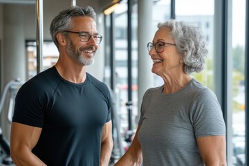 Fototapeta premium Two seniors share a joyful moment in a fitness setting, emphasizing their active lifestyle, teamwork, and mutual encouragement during a workout session.