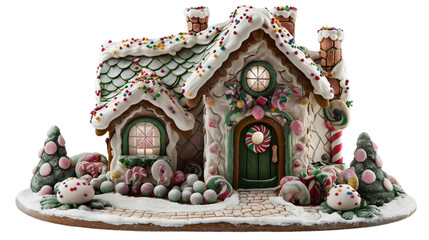 Obraz premium Gingerbread cookie house decoration for Christmas holiday, sweet icing food isolated on white background, traditional festive season treat for winter Xmas celebration and December joy