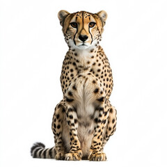 Cheetah looking straight ahead, sitting, looking powerful, white background 